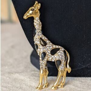 Vintage Giraffe Rhinestone Brooch Gold Tone Black Enamel Safari Glam